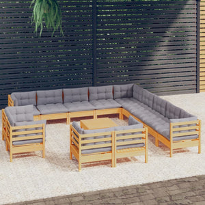 vidaXL 14-Piece Garden Lounge Set with Grey Cushions Solid Pine Wood