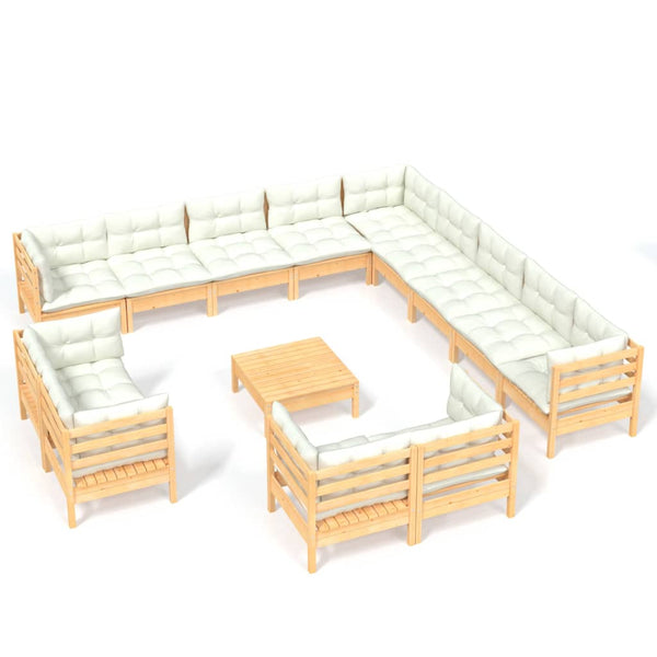 vidaXL 14-Piece Garden Lounge Set with Cream Cushions Solid Pine Wood
