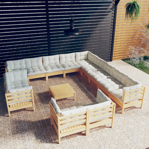 vidaXL 14-Piece Garden Lounge Set with Cream Cushions Solid Pine Wood