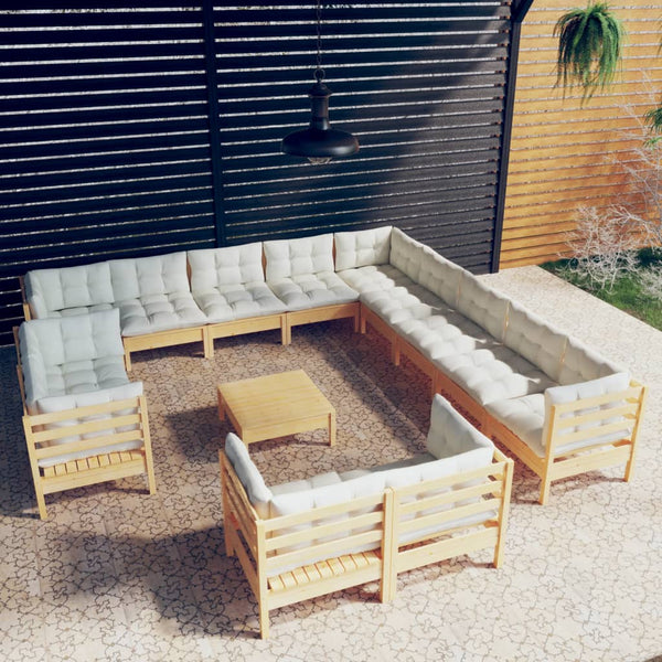 vidaXL 14-Piece Garden Lounge Set with Cream Cushions Solid Pine Wood