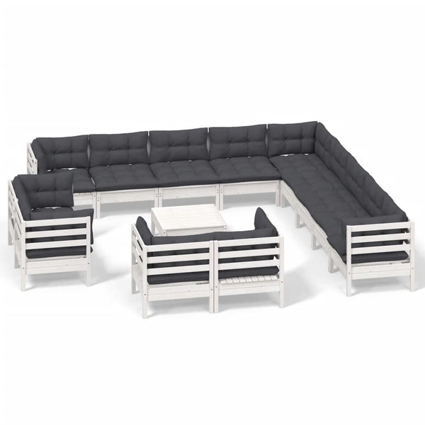 vidaXL 14-Piece Garden Lounge Set with Cushions White Solid Pine Wood
