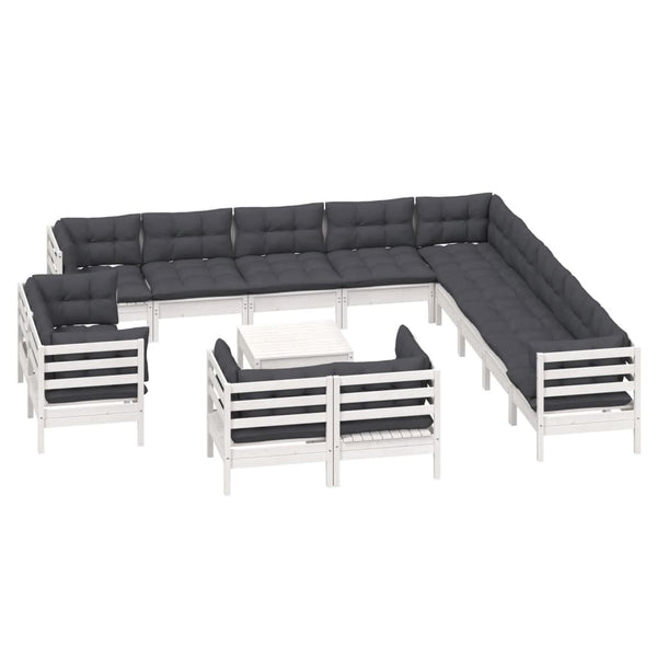 vidaXL 14-Piece Garden Lounge Set with Cushions White Solid Pine Wood