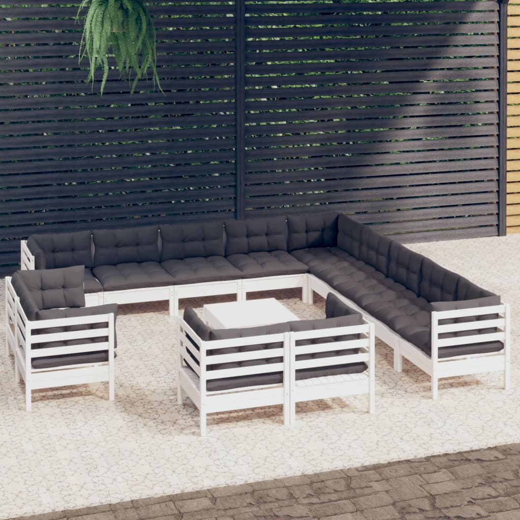 vidaXL 14-Piece Garden Lounge Set with Cushions White Solid Pine Wood