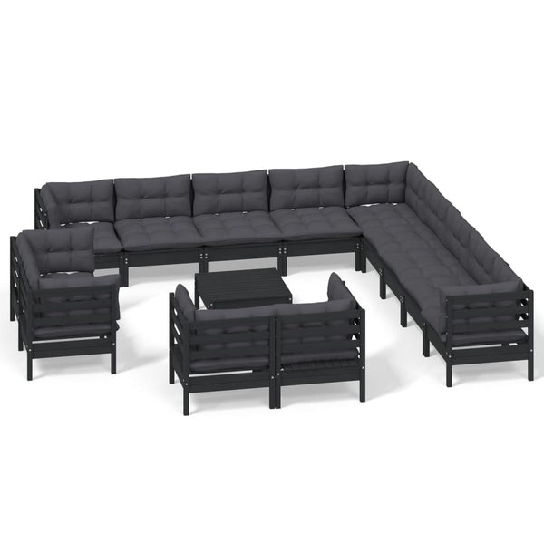 vidaXL 14-Piece Garden Lounge Set with Cushions Black Solid Pine Wood