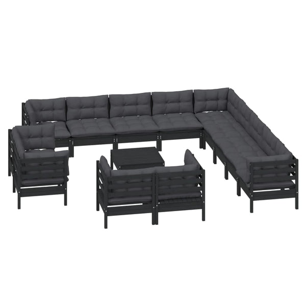vidaXL 14-Piece Garden Lounge Set with Cushions Black Solid Pine Wood