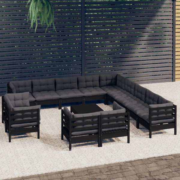 vidaXL 14-Piece Garden Lounge Set with Cushions Black Solid Pine Wood