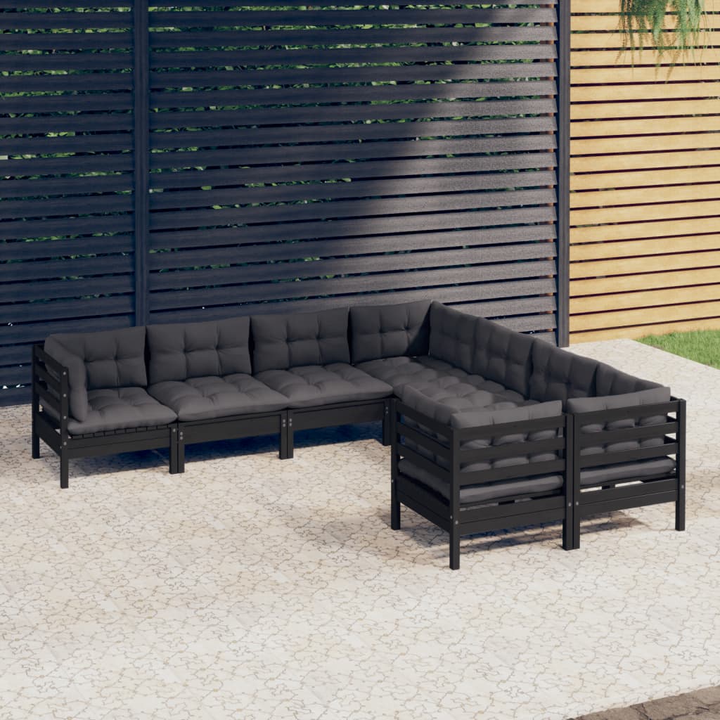 vidaXL 8-piece Garden Lounge Set with Cushions Black Solid Pine Wood