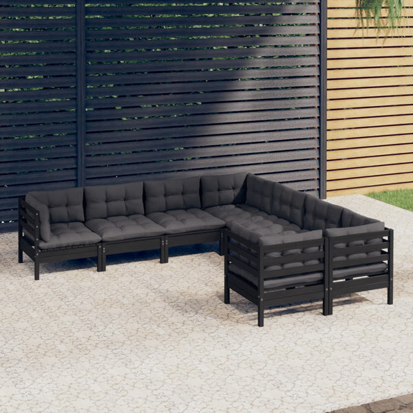 vidaXL 8-piece Garden Lounge Set with Cushions Black Solid Pine Wood