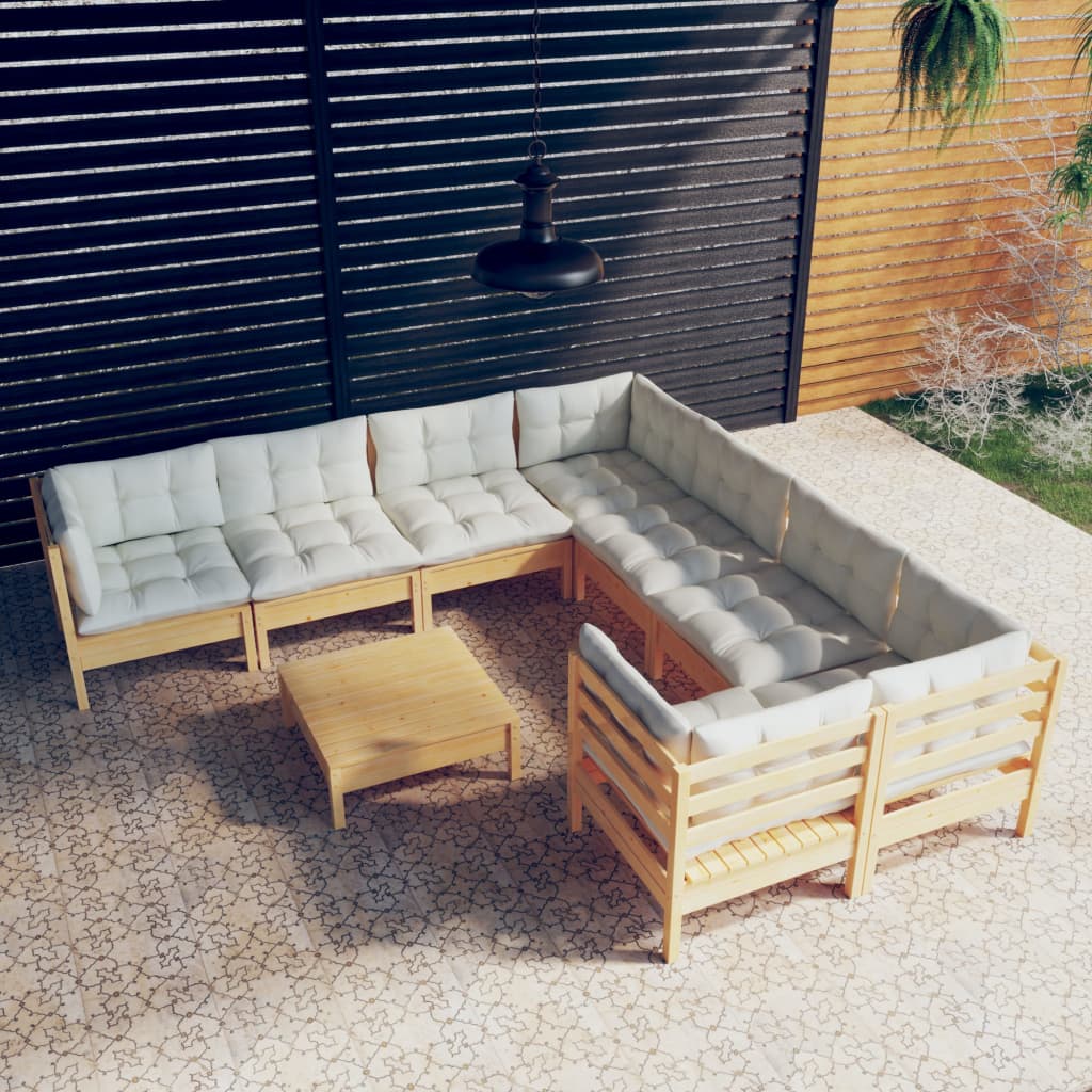 vidaXL 9-piece Garden Lounge Set with Cream Cushions Pinewood