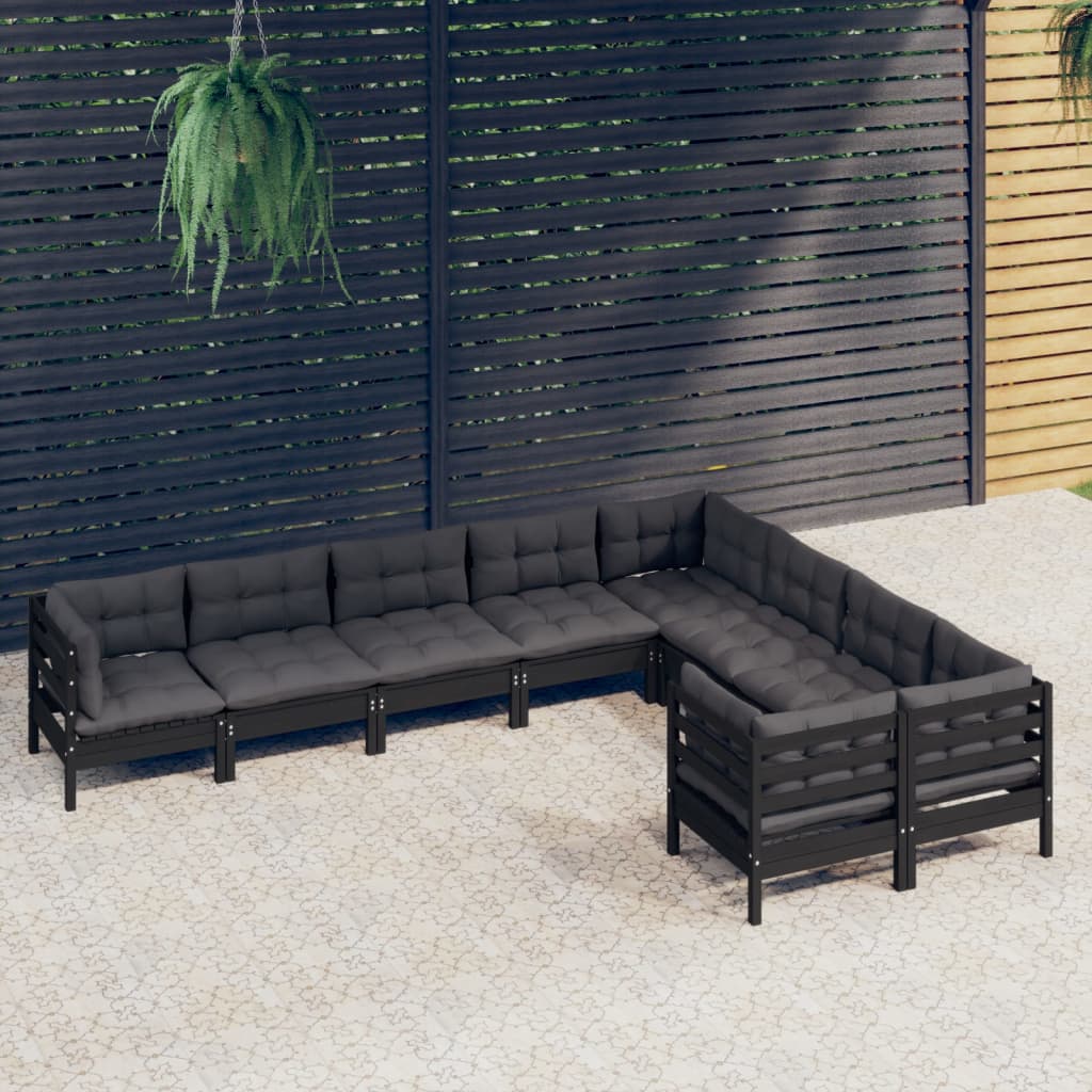 vidaXL 9-piece Garden Lounge Set with Cushions Black Pinewood