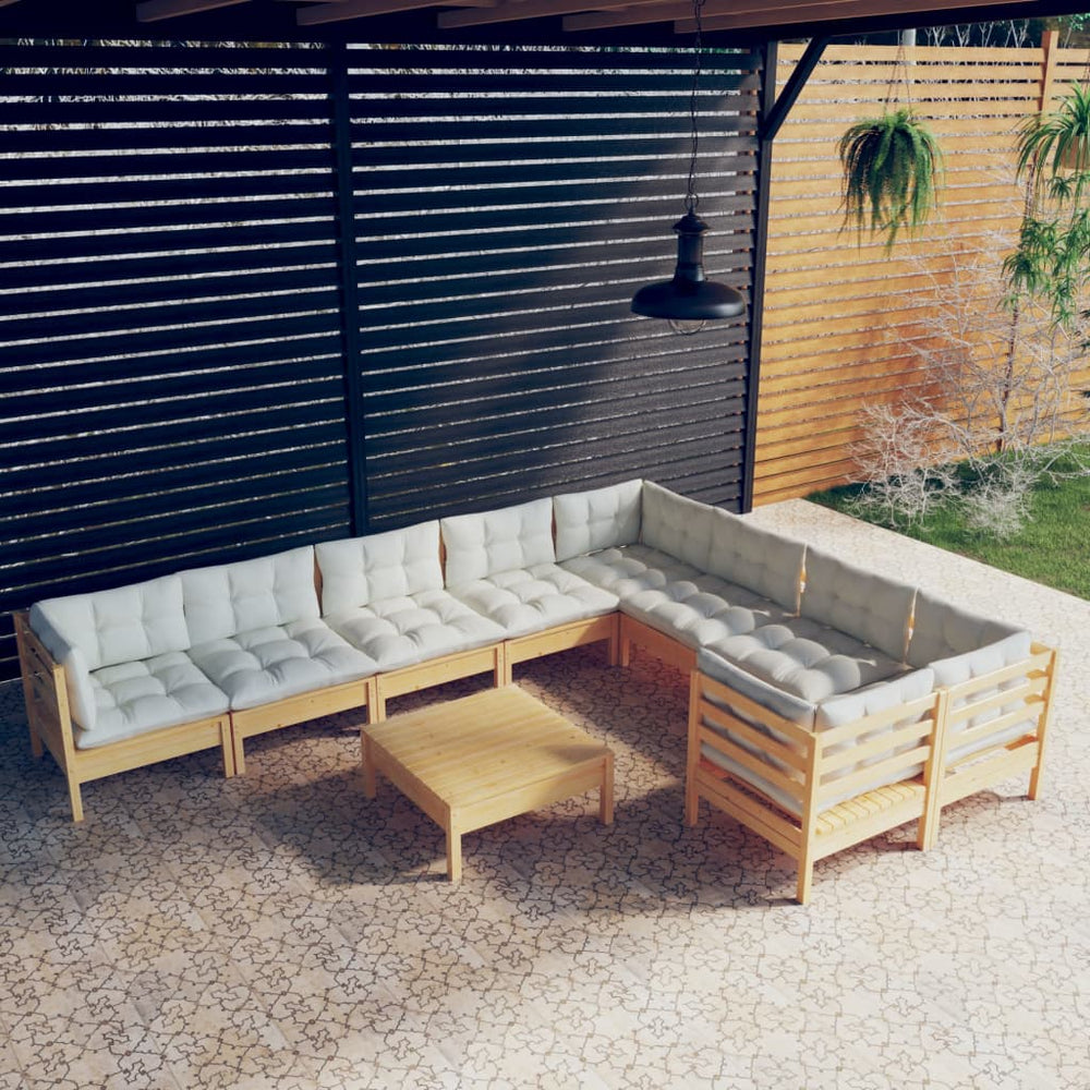 vidaXL 10-piece Garden Lounge Set with Cream Cushions Pine Wood