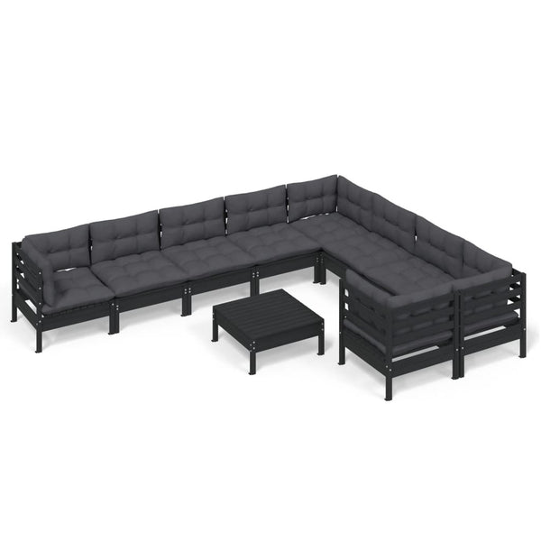 vidaXL 10-Piece Garden Lounge Set with Cushions Black Pinewood