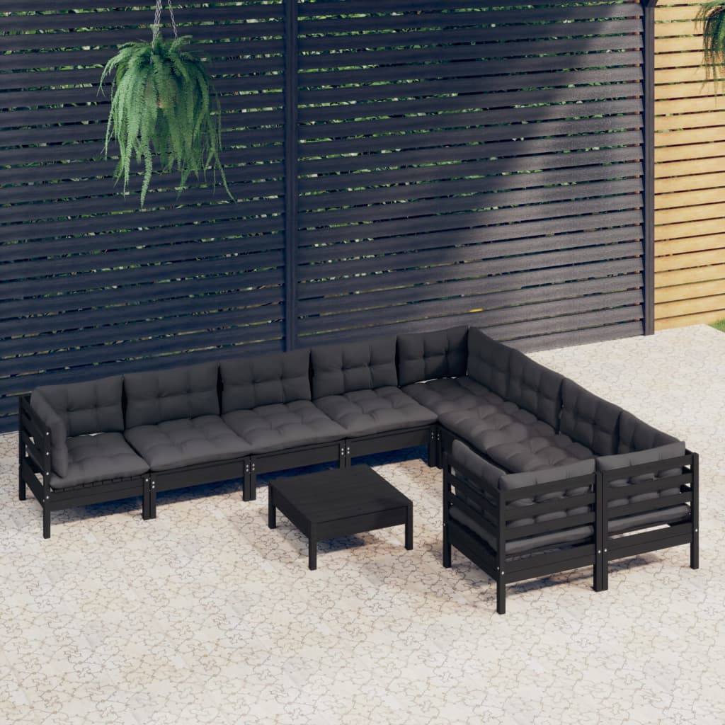 vidaXL 10-Piece Garden Lounge Set with Cushions Black Pinewood