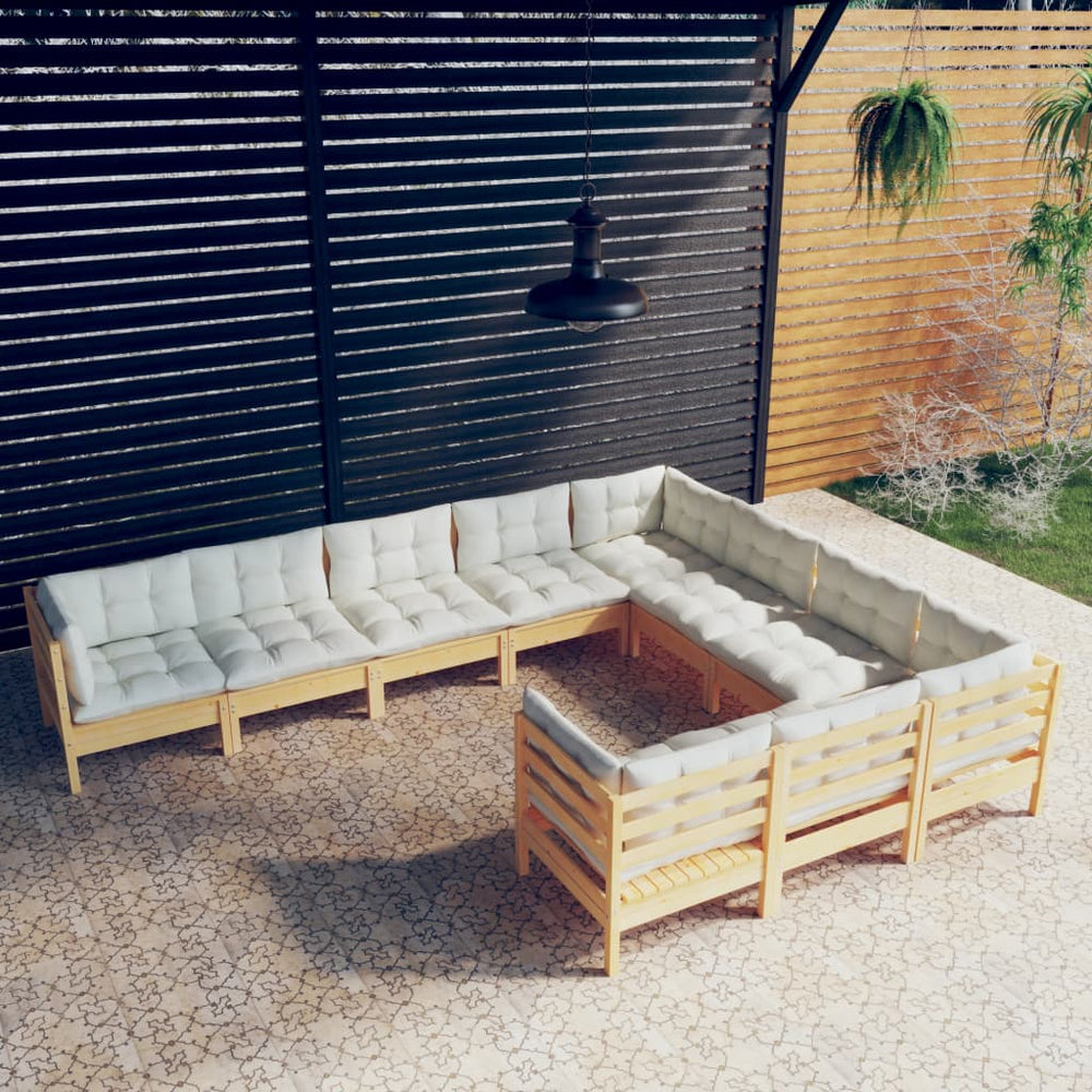 vidaXL 10-piece Garden Lounge Set with Cream Cushions Pine Wood