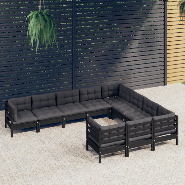 vidaXL 10-Piece Garden Lounge Set with Cushions Black Pinewood