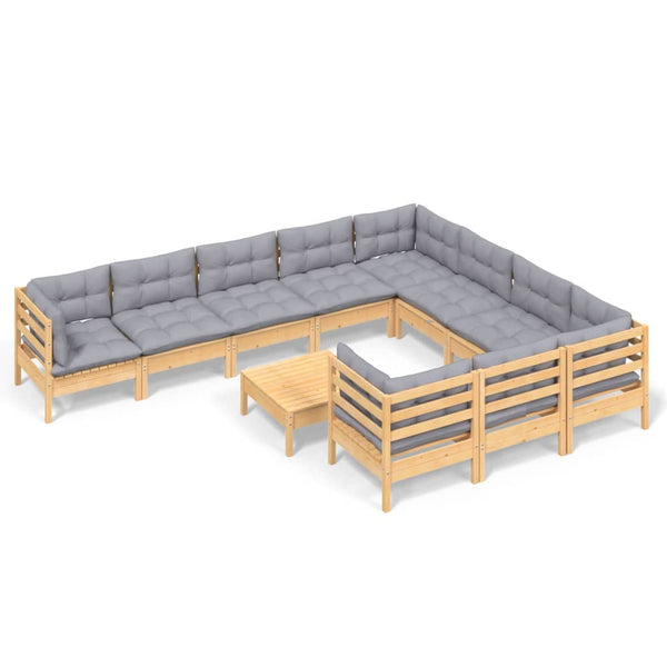 vidaXL 11-Piece Garden Lounge Set with Grey Cushions Pinewood