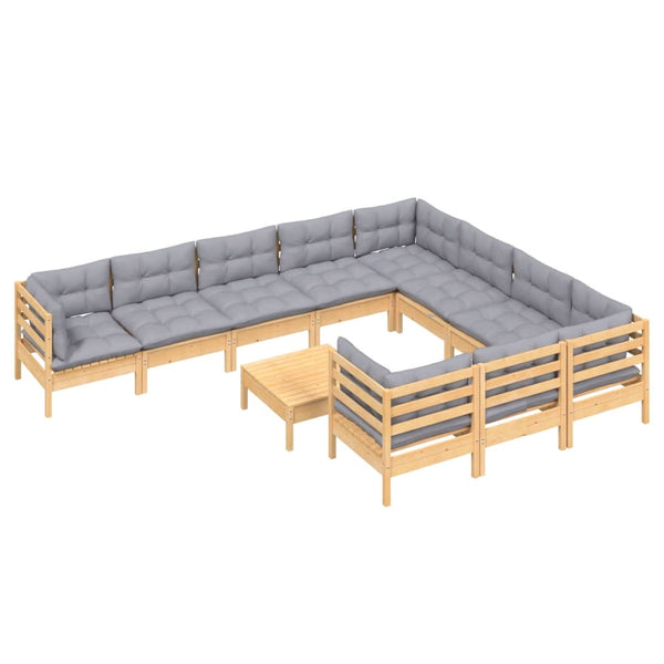 vidaXL 11-Piece Garden Lounge Set with Grey Cushions Pinewood