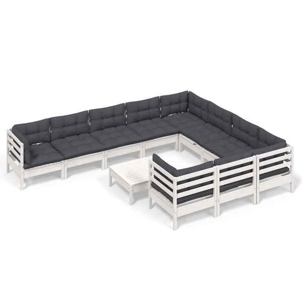 vidaXL 11-pc. Garden Lounge Set with Cushions White Pinewood