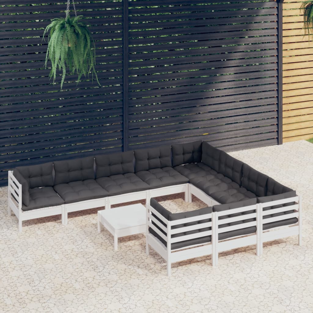 vidaXL 11-pc. Garden Lounge Set with Cushions White Pinewood