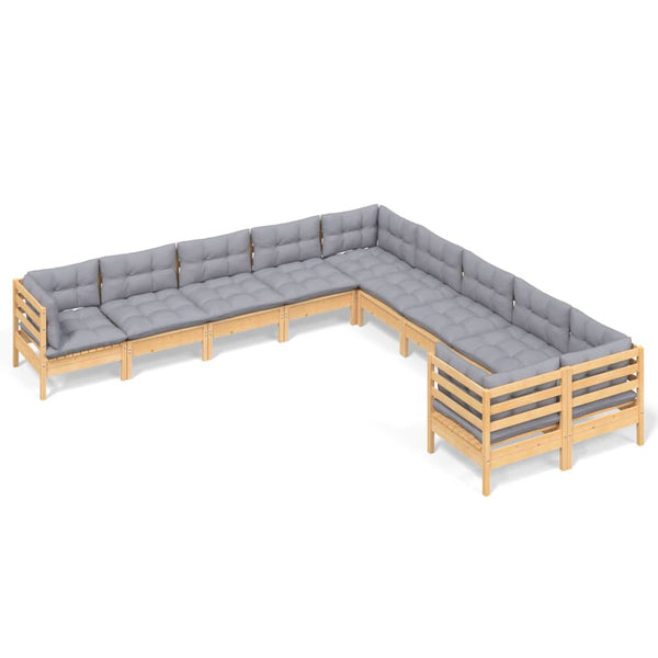vidaXL 10-Piece Garden Lounge Set with Grey Cushions Pine Wood