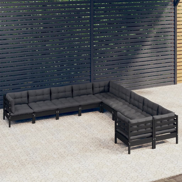 vidaXL 10-Piece Garden Lounge Set with Cushions Black Pinewood
