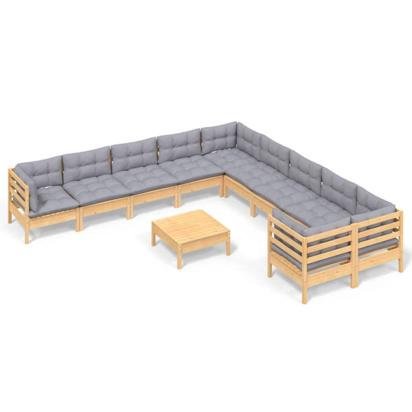 vidaXL 11-Piece Garden Lounge Set with Grey Cushions Pinewood