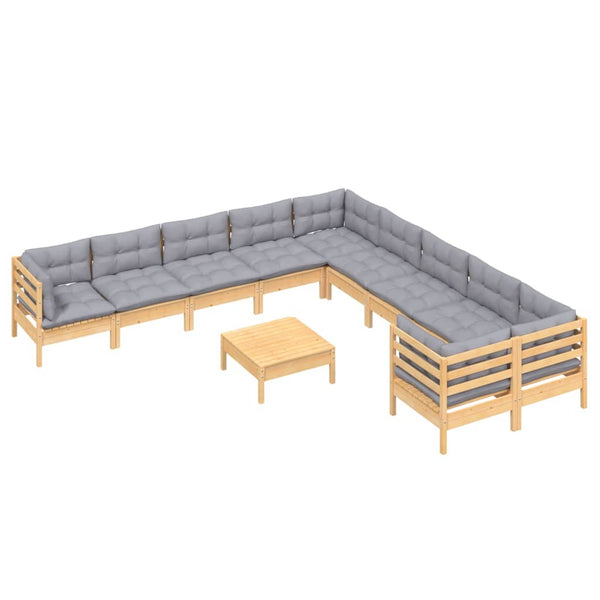 vidaXL 11-Piece Garden Lounge Set with Grey Cushions Pinewood