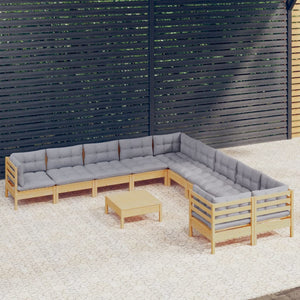 vidaXL 11-Piece Garden Lounge Set with Grey Cushions Pinewood