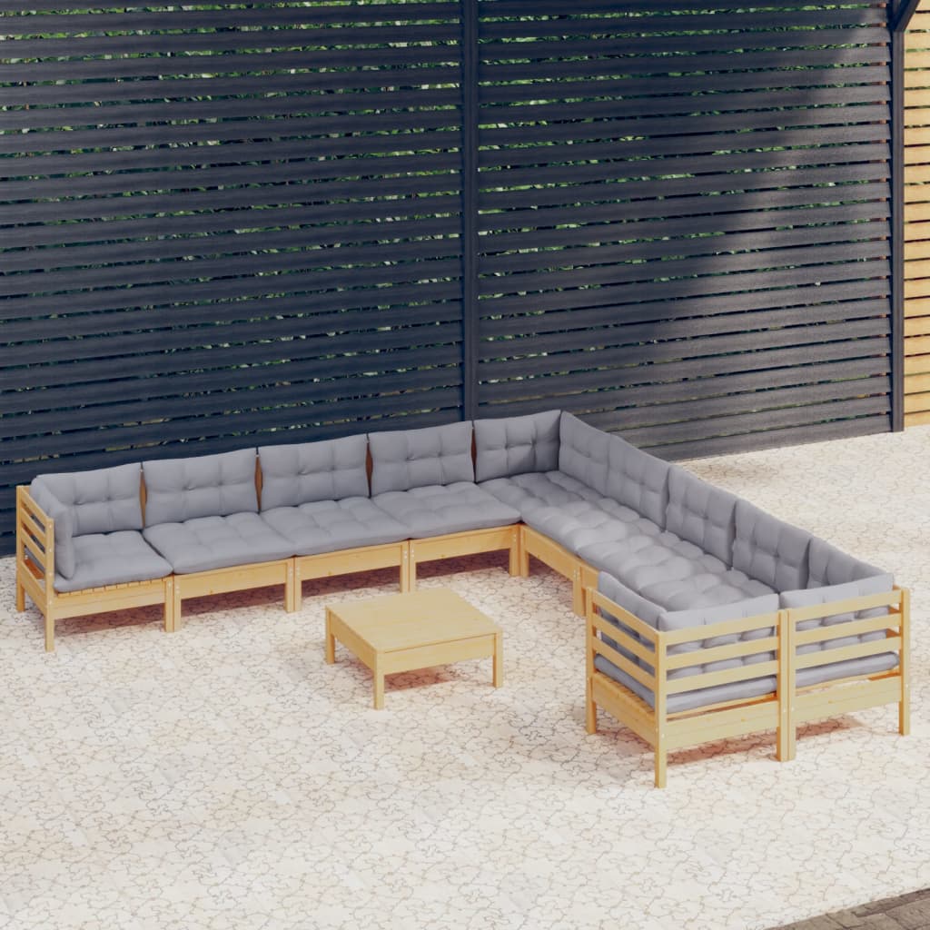 vidaXL 11-Piece Garden Lounge Set with Grey Cushions Pinewood