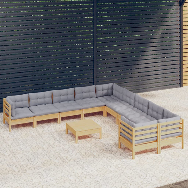 vidaXL 11-Piece Garden Lounge Set with Grey Cushions Pinewood