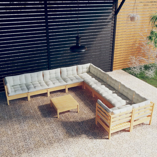 vidaXL 11-piece Garden Lounge Set with Cream Cushions Pine Wood