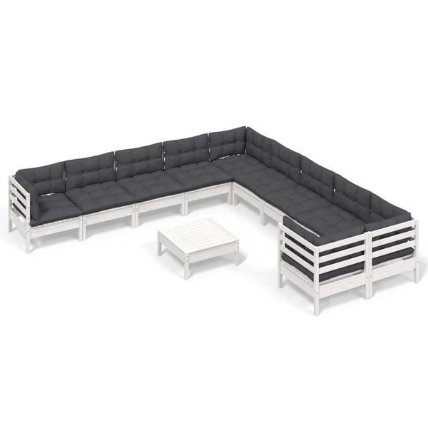 vidaXL 11-pc. Garden Lounge Set with Cushions White Pinewood