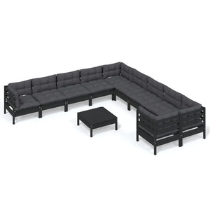 vidaXL 11-pc. Garden Lounge Set with Cushions Black Pinewood