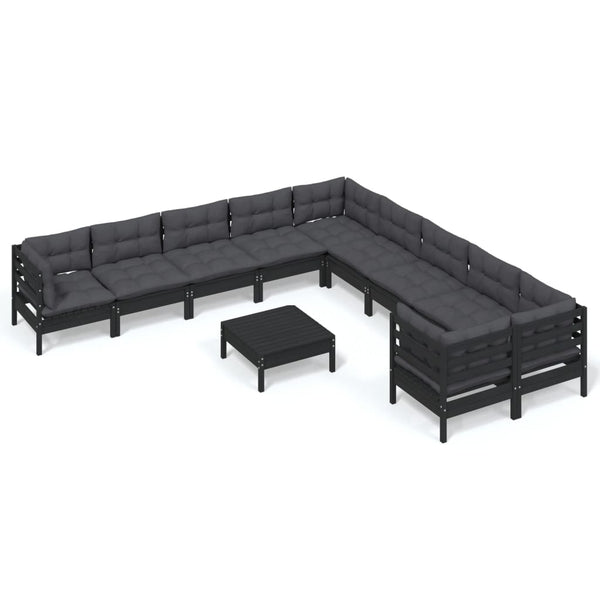 vidaXL 11-pc. Garden Lounge Set with Cushions Black Pinewood
