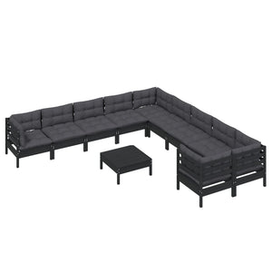 vidaXL 11-pc. Garden Lounge Set with Cushions Black Pinewood