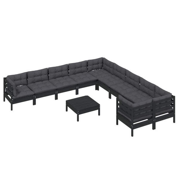 vidaXL 11-pc. Garden Lounge Set with Cushions Black Pinewood