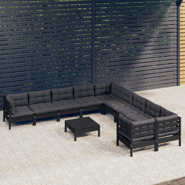 vidaXL 11-pc. Garden Lounge Set with Cushions Black Pinewood