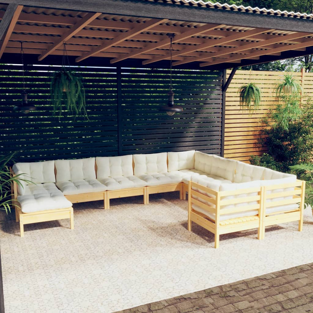 vidaXL 10-piece Garden Lounge Set with Cream Cushions Pine Wood