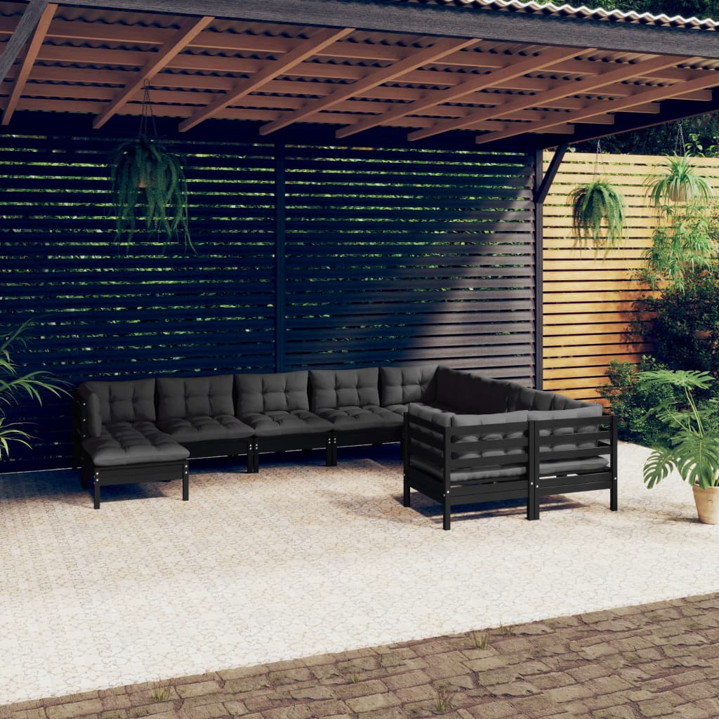vidaXL 10-Piece Garden Lounge Set with Cushions Black Pinewood