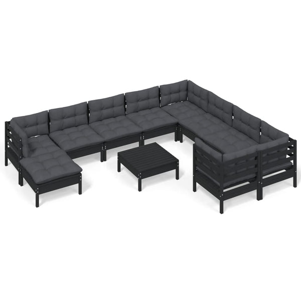 vidaXL 11-pc. Garden Lounge Set with Cushions Black Pinewood