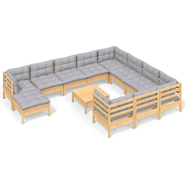 vidaXL 12-Piece Garden Lounge Set with Grey Cushions Pine Wood