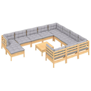 vidaXL 12-Piece Garden Lounge Set with Grey Cushions Pine Wood