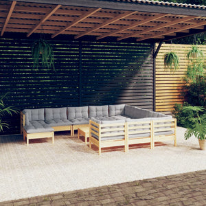 vidaXL 12-Piece Garden Lounge Set with Grey Cushions Pine Wood