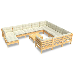 vidaXL 12-piece Garden Lounge Set with Cream Cushions Pine Wood