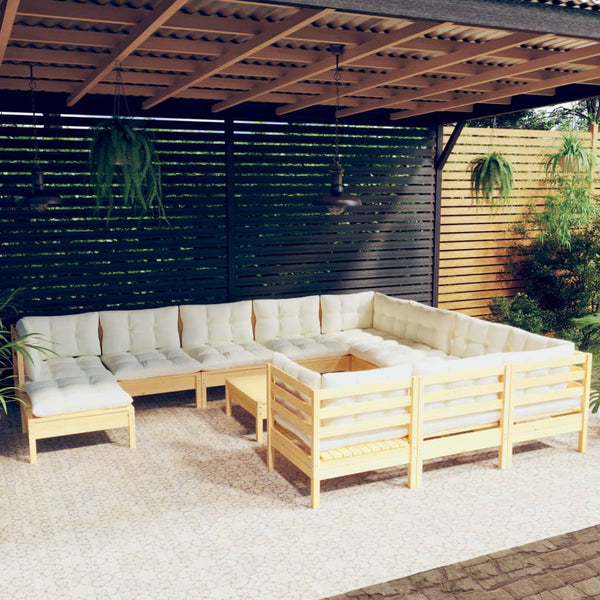 vidaXL 12-piece Garden Lounge Set with Cream Cushions Pine Wood