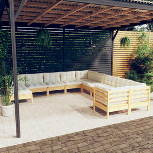 vidaXL 11-piece Garden Lounge Set with Cream Cushions Pine Wood