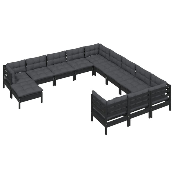 vidaXL 12-Piece Garden Lounge Set with Cushions Black Pinewood