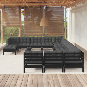 vidaXL 12-Piece Garden Lounge Set with Cushions Black Pinewood