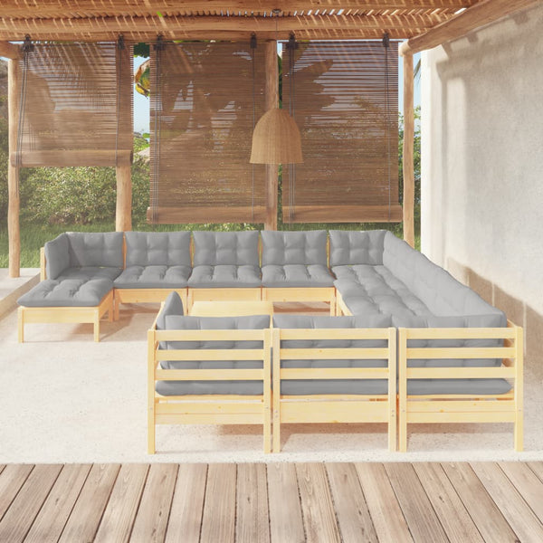 vidaXL 13-Piece Garden Lounge Set with Grey Cushions Pinewood