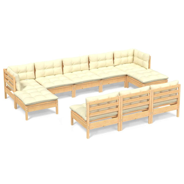 vidaXL 10-piece Garden Lounge Set with Cream Cushions Pine Wood